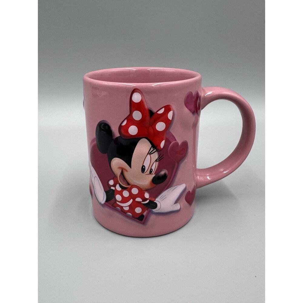 MINNIE MOUSE Jerry Leigh Disney Pink Mug Embossed 3D‎ Hearts Coffee